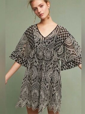 Anthro black and white embroidered eyelet dress akemi kin xs 2